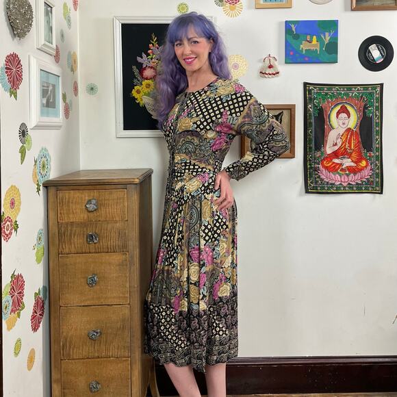 Vintage Faux Patchwork Print Dress, 1990s Bohemian Rayon Midi, Sz M April Rain - Picture 4 of 13